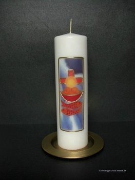 Kommunionkerze "Kreuz, Fisch, Brot" blau/rot